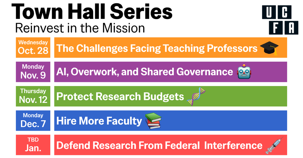Town Hall Series
Reinvest in the mission

Wednesday, October 28th: The Challenges Facing Teaching Professors.
Monday, November 9th: AI, Overwork, and Shared Governance
Thursday, November 12th: Protect Research Budgets
Monday, December 7th: Hire More Faculty
TBD, January: Defend Research From Federal Interference